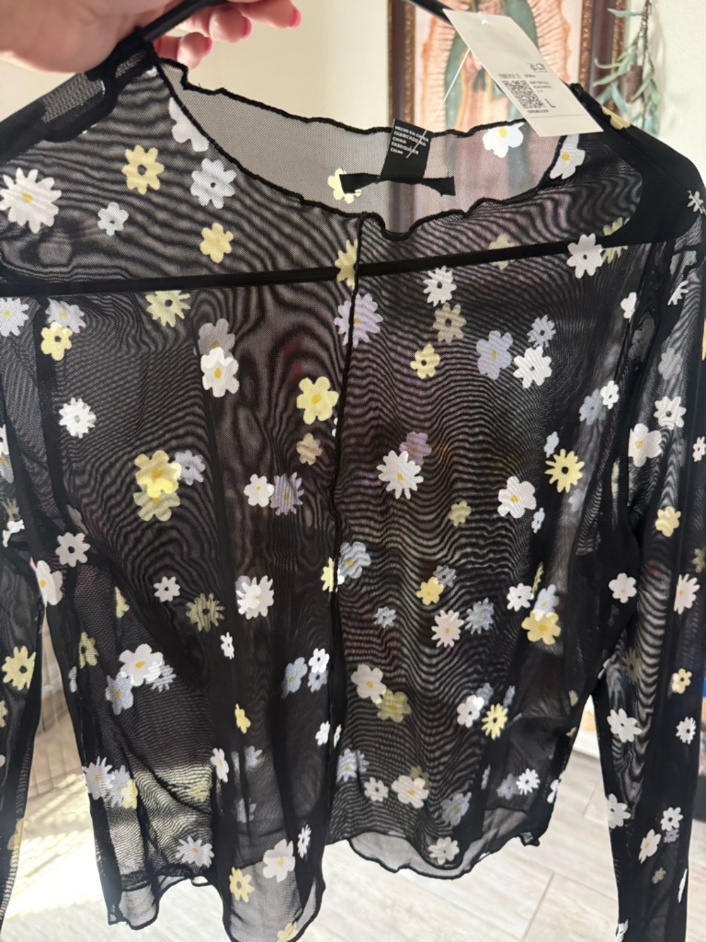 Black Sheer Mesh Floral Daisy Top - Yellow & White Flowers